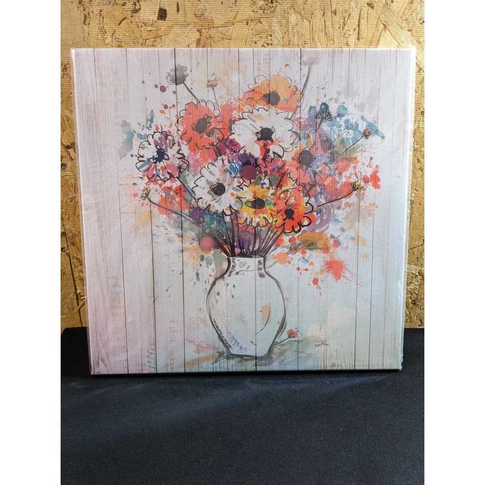 Flower Canvas Wall Art Colorful Floral Bloosom Painting Woodgrain Picture Fra...